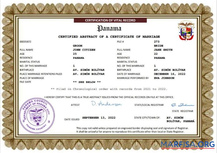 Downloadable Panama marriage certificate Word and PDF template